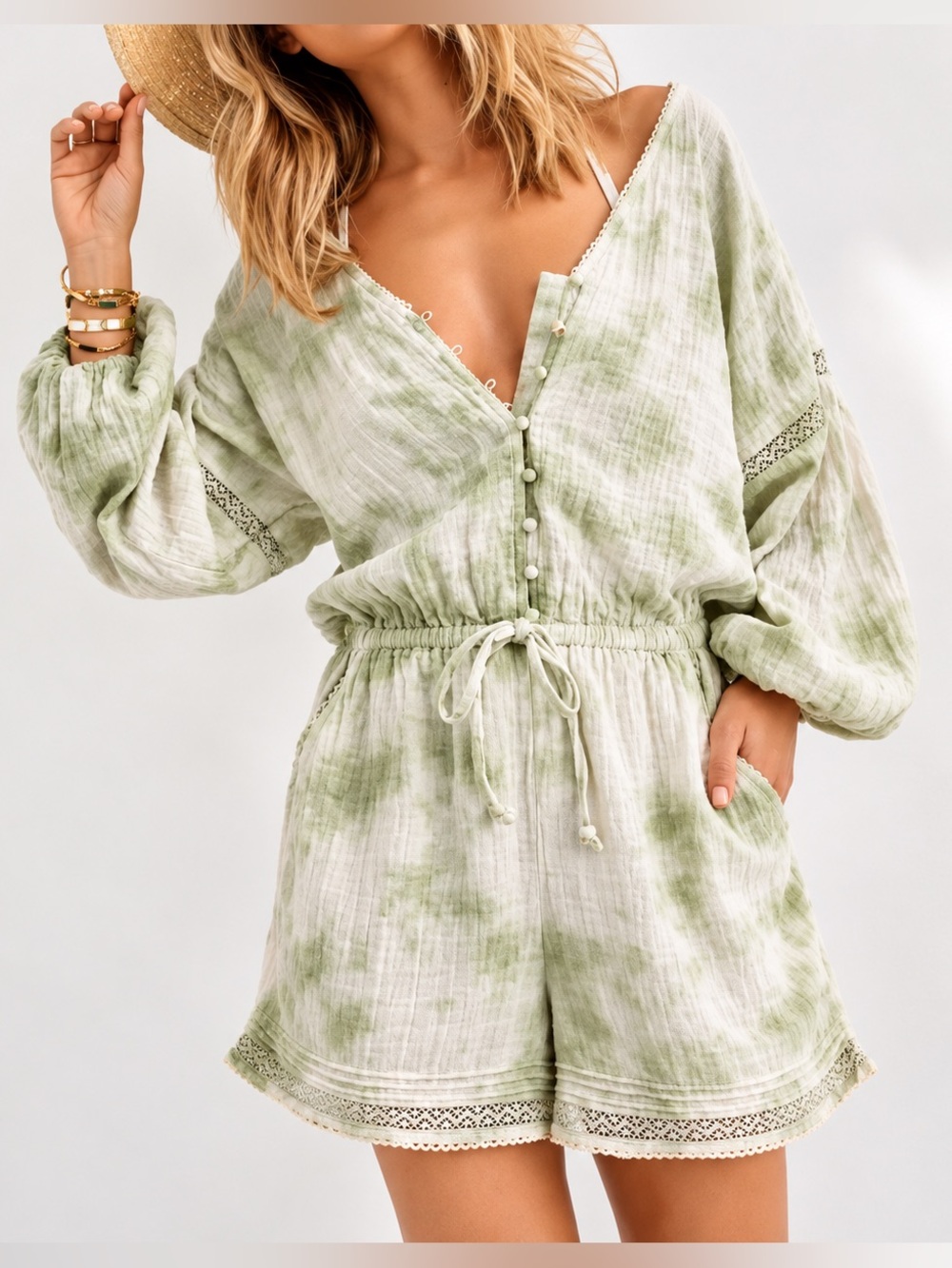Aerie Tie Dye Long Sleeve Romper Size XS NWT Lace Balloon Sleeve Oversized Fit